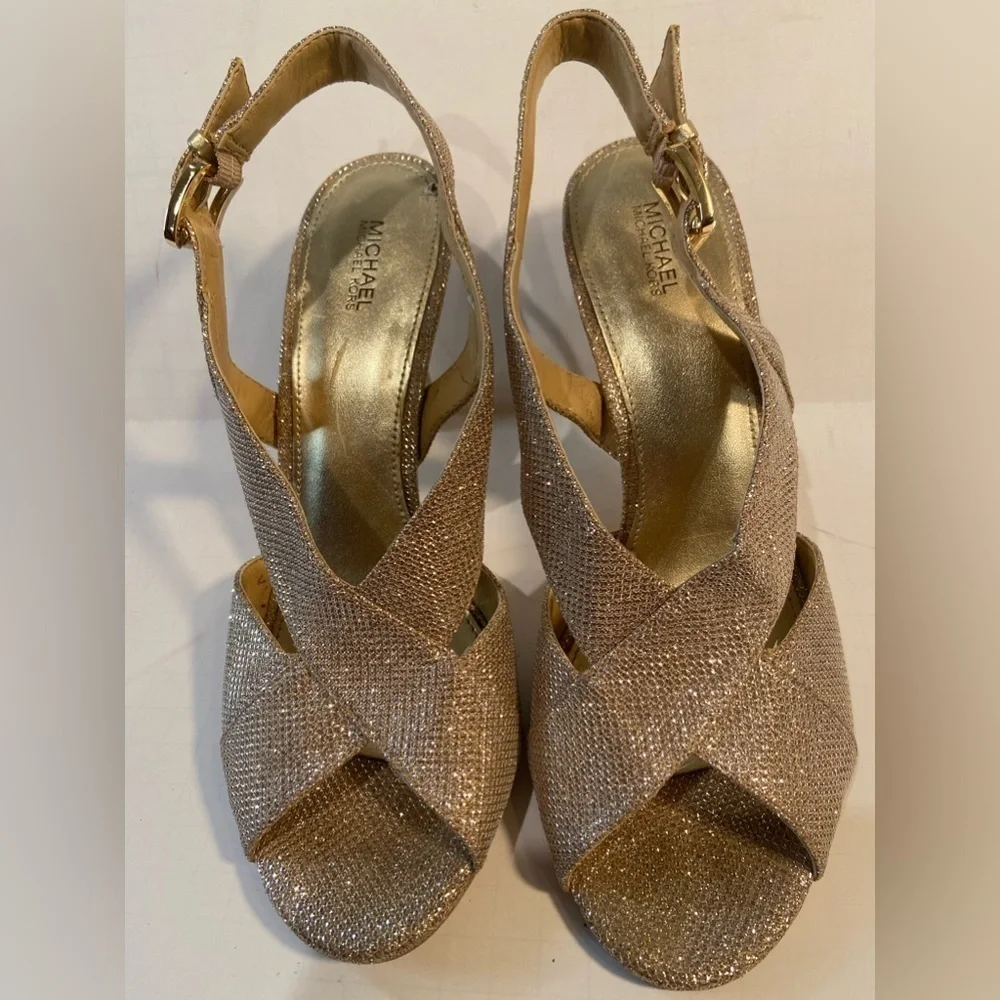 Michael Kors~Elegant Gold~Peep Toe~Criss Cross Strap~Slingback Heel~Size 10M
